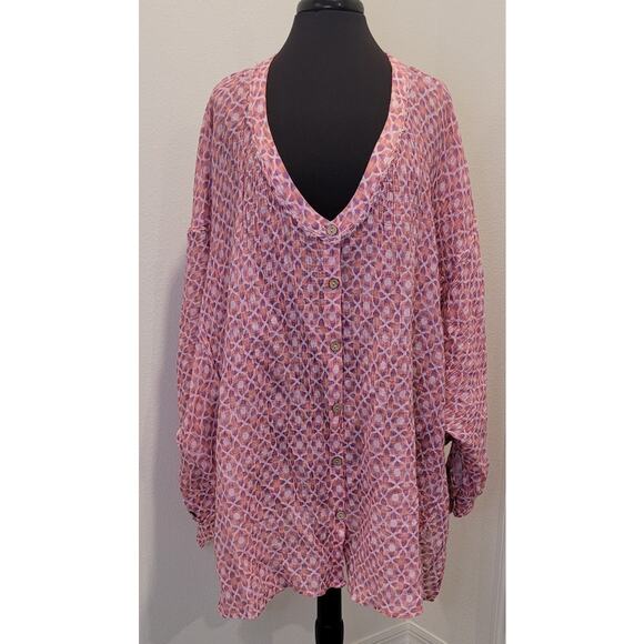 Intimately Free People Oversized Buttondown Blouse Pink Geo Print Linen Blend S - Picture 3 of 12